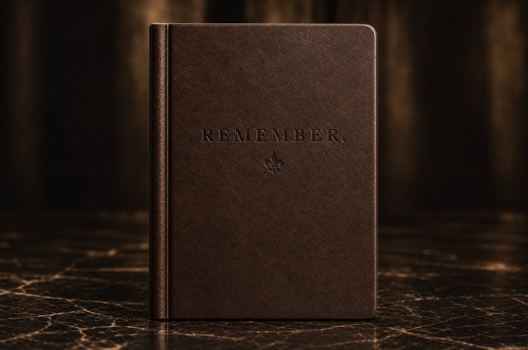The REMEMBER. journal: a dark brown leather cover, blind-debossed with REMEMBER. and the fleur-de-lis, standing on black marble